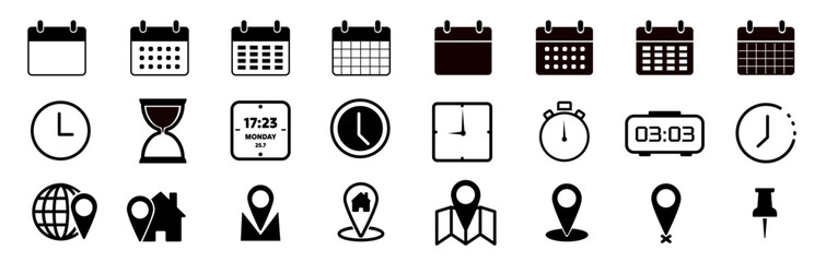 Date, time and address icon set, web icons calendar, clock, stopwatch timer, location pin signs