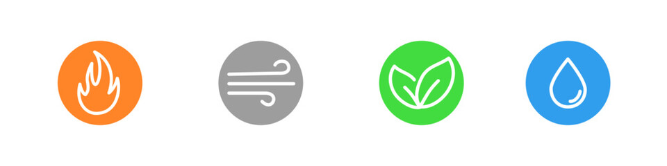 Four natural elements icons - Air, Earth, Fire, and Water. Nature elements concept. Abstract concept for nature energy, synergy, tourism, travel, business. Vector logo template. Flat design.