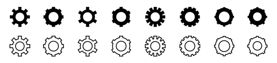 Gear set. Black gear set. Gear setting vector icon. Gear wheel isolated on white background. Gears shapes line icons. Flat machine gear icon. Wheel cogwheel vector. Simple outline isolated elements. B