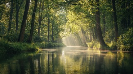 Tranquil River Surrounded by Tall Trees and Lush Greenery