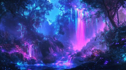 Obraz premium An ethereal illuminated forest scene featuring cascading waterfalls of light