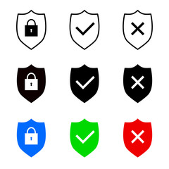 Shield icon set. Protect shield security line icons. Design elements for concept of safety and protection. Vector illustration. Set of Shield. Shield with exclamation mark, lock sign and with check sy