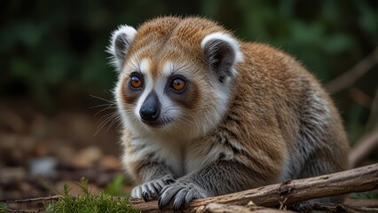 Fototapeta premium Close-up of a lemur, alert and inquisitive. A small primate, reddish-brown fur with white underparts, captivating large orange eyes, delicately positioned on the ground near fallen branches and moss