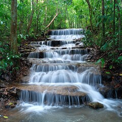 A stunning waterfall cascades gracefully through a lush green forest, surrounded by moss-covered rocks and towering trees, creating a serene and tranquil natural oasis.