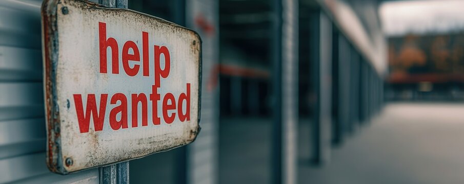 Economic Challenges Unemployment Concepts. Help wanted sign in an empty business space.