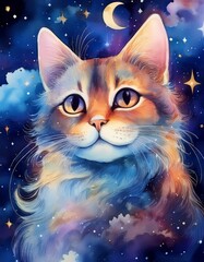 Fototapeta premium Painted illustration of a cat looking at stars