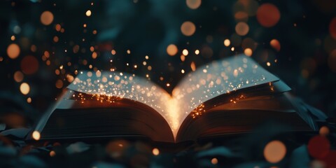 Sparkling magic unfolds from open book surrounded by darkness and glowing particles