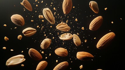 Almonds and other nuts falling against a dark background