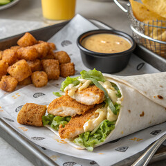Delicious fried fish fillet wrap with tater tots and dipping sauce on a tray. Comfort food at its best!