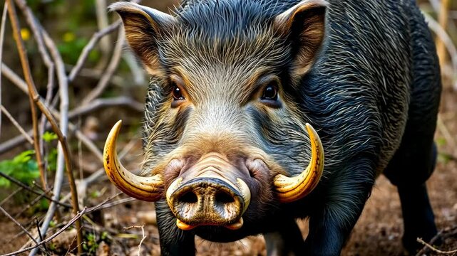 Closeup Portrait of a Wild Boar with Prominent Tusks in a Dark Forest Setting