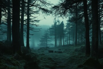 Fototapeta premium Dense foggy forest with tall trees and dim lighting atmosphere