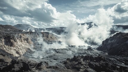 Dramatic Volcanic Landscape with Steam Rising from Crater