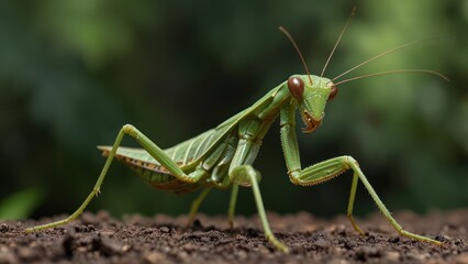 Close-up of a vibrant green mantis on dark soil.  A detailed view showcasing the insect's intricate body structure,  long legs,  and large eyes.  Natural, lush background blurs for emphasis