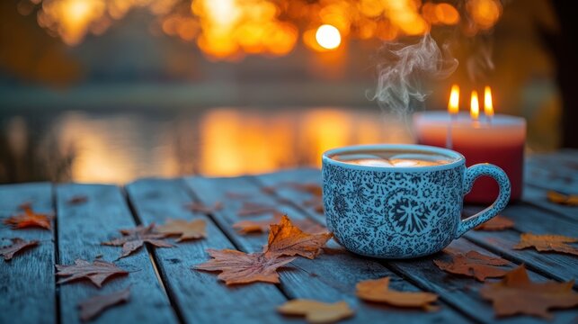 A warm, cozy scene unfolds, featuring a steaming mug of coffee and flickering candles, creating a inviting ambiance for relaxation and contemplation amidst the vibrant hues of autumn.