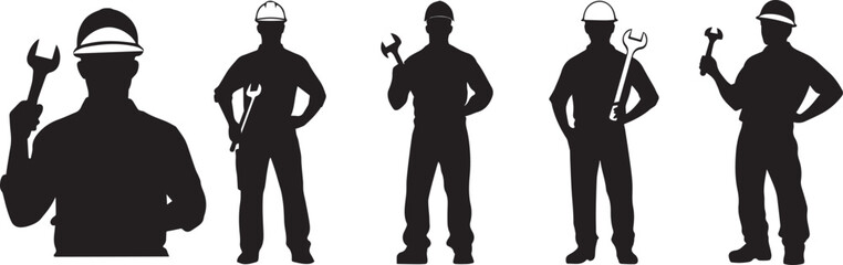 Silhouette of a factory worker wearing a hard hat and holding a wrench, symbolizing industry and labor vector silhouette