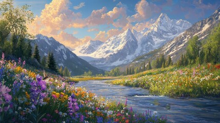 Gentle River Flowing Through Valley with Wildflowers and Mountains