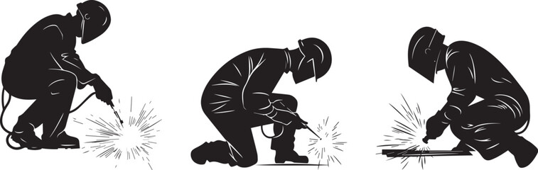 Silhouette of a worker welding metal, with sparks flying vector silhouette