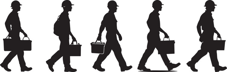 Silhouette of a factory worker wearing a helmet and carrying a toolbox vector silhouette