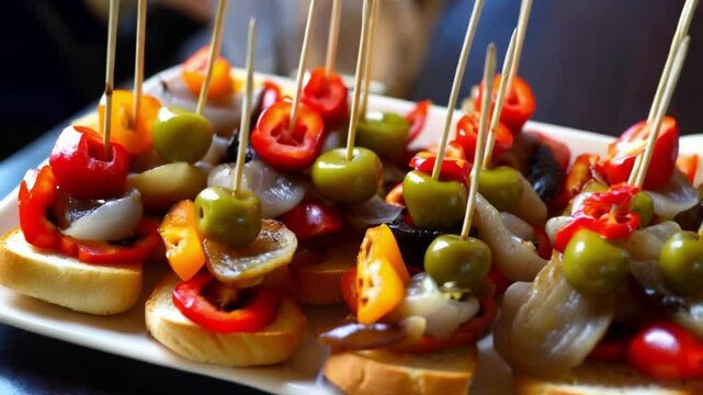 A platter of colorful pintxos topped with olives, anchovies, and peppers on sliced bread, lively Spanish tapas bar setting
