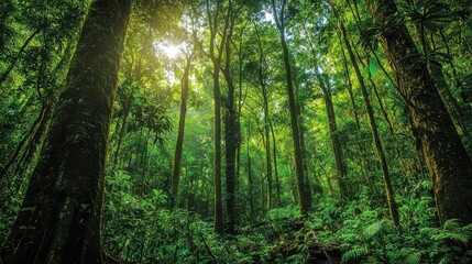 Obraz premium Lush Rainforest with Towering Trees and Vibrant Green Foliage