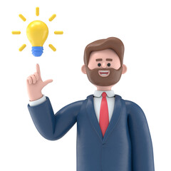 3D illustration of bearded american businessman Bob pointing finger at light bulb generating new ideas.Transparent Background Mockup. Supports PNG files with transparent backgrounds.