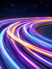 Neon Light Streaks in Concentric Circles of Purple Blue Yellow Swirling Vivid Colors Against Dark Starry Night Background