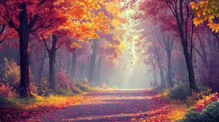 Serene Autumn Forest Pathway with Colorful Leaves and Soft Light