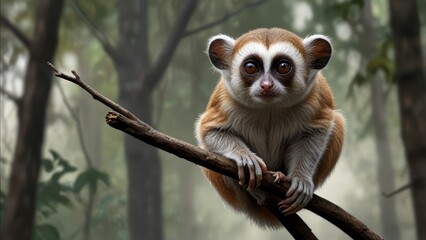 A small, adorable primate sits on a branch in a misty forest