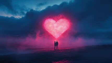Couple silhouette watching glowing heart over surreal misty landscape