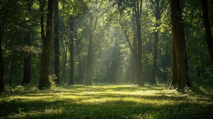 Fototapeta premium Tranquil Forest Glade Surrounded by Towering Oak Trees
