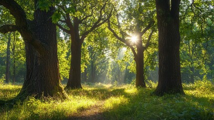 Obraz premium Tranquil Glade Surrounded by Towering Oak Trees in a Peaceful Forest