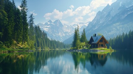 Fototapeta premium Tranquil Lakeside Retreat Surrounded by Majestic Mountains