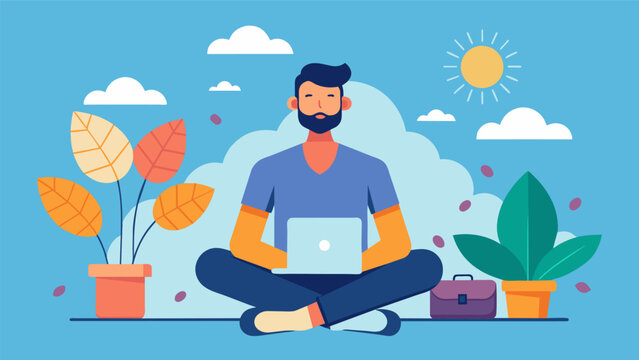 A man takes a techfree vacation grateful for his digital wellness coachs guidance on practicing mindful technology use and taking breaks for selfcare.. Vector illustration