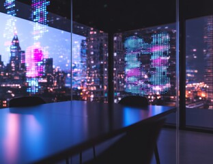 Modern office boasts a cryptocurrency symbol display with vibrant city lights creating a futuristic financial scene.