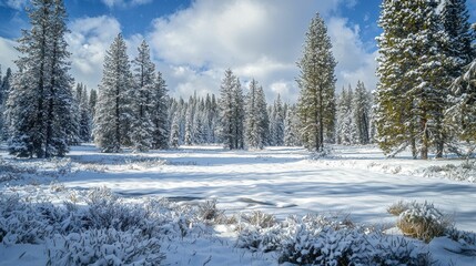 Peaceful Snowy Meadow with Fresh Powder Covering Ground and Trees