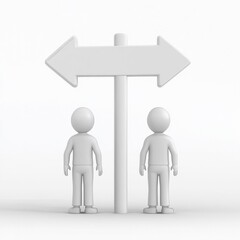 Two 3D characters standing beside a blank directional sign with arrows pointing left and right, depicting decision-making and choices in life.