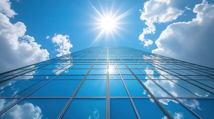 Bright white clouds color the summer sky reflecting on the glass windows of skyscrapers