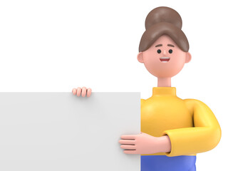 3D illustration of Asian woman Angela stands with white blank board.Transparent Background Mockup.Supports PNG files with transparent backgrounds.