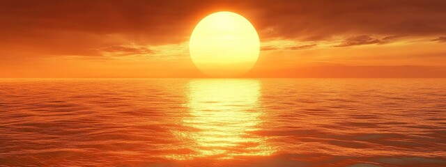 Obraz premium Serene Sunset Over Calm Ocean Waters With Glowing Horizon and Gentle Waves Under a Vibrant Sky in Shades of Orange and Gold