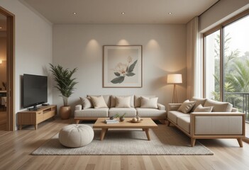 Fototapeta premium Modern living room design cozy atmosphere interior decor urban home interior view tranquility and comfort