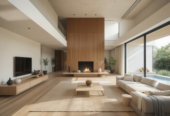 Elegant modern living room design contemporary home interior architecture cozy environment wide-angle view minimalist concept