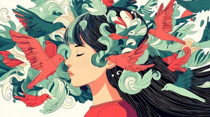 Naklejka premium Serene Girl Birds Floral Swirls Mental Health Art Illustration