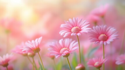 Obraz premium A delicate field of chamomile daisy flowers, their petals a soft shade of pink, nestled against a backdrop of vibrant pink, creating a serene and calming scene.