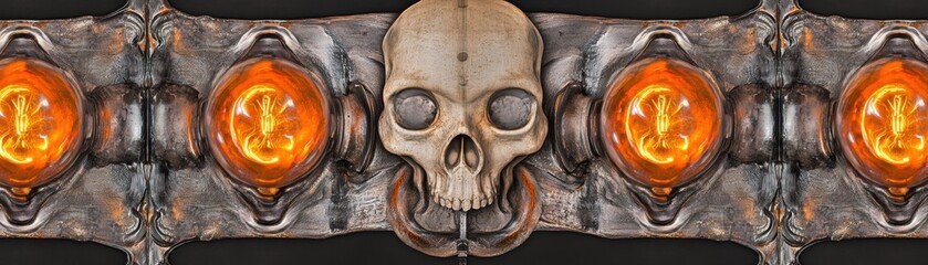 A detailed skull with an elongated nose and prominent features rests on a textured surface. The intricate bone structure showcases unique textures and shadows, creating a striking visual.