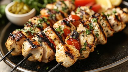 Succulent chicken souvlaki kebabs, grilled to perfection, served with fluffy pita bread, a symphony of flavors and textures.