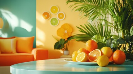 A vibrant tapestry of citrus hues: juicy orange, zesty lemon, and tart lime, arranged in a playful, layered display.