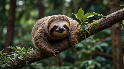 Obraz premium Sleepy sloth resting on branch in lush rainforest