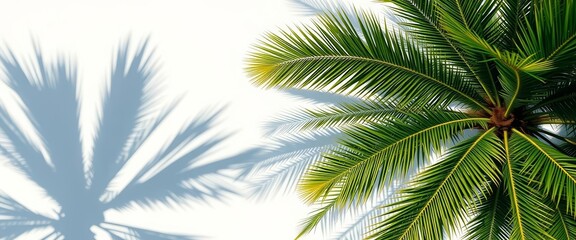Overhead view of lush green palm tree cast shadow on white, summer vibe, plant, flat lay