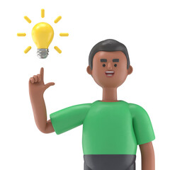 3D illustration of handsome afro man David pointing finger at light bulb generating new ideas.Transparent Background Mockup. Supports PNG files with transparent backgrounds.