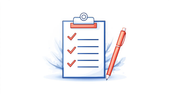 A checklist on a clipboard with a pen, ideal for organization and productivity.